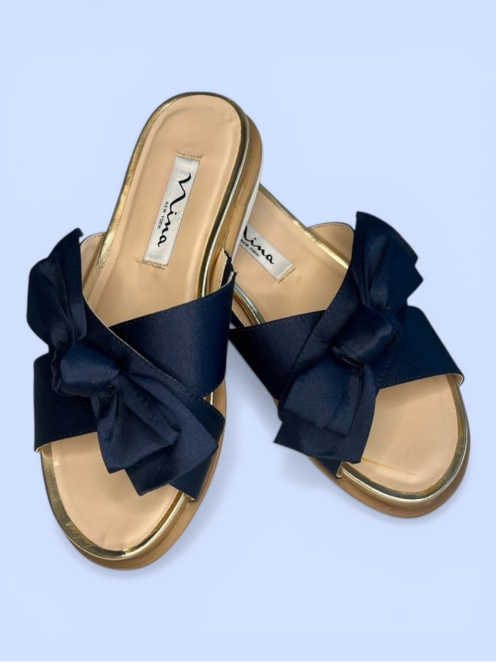 Platform Sandal Flip Flop Nina Navy Satin Gold Sz 5β EUC - Picture 2 of 13